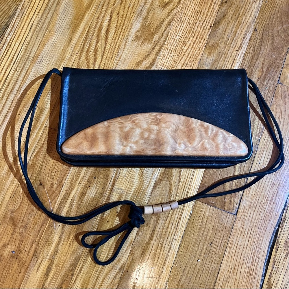 Chic Black Leather and Burlwood Clutch